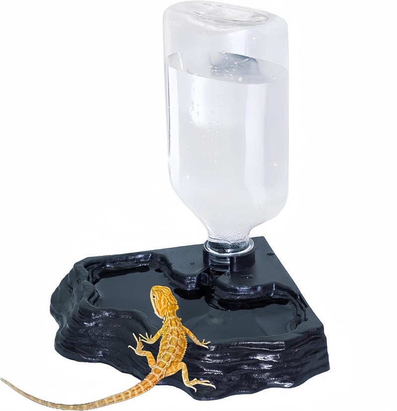 MRTIOO 17oz Terrarium Tank Reptile Food Feeders Bowl, Water Feeder Automatic Water Dispenser Waterer Feeding Accessories, for Geckos Lizards Turtle Bearded Dragons - Black - Image 1